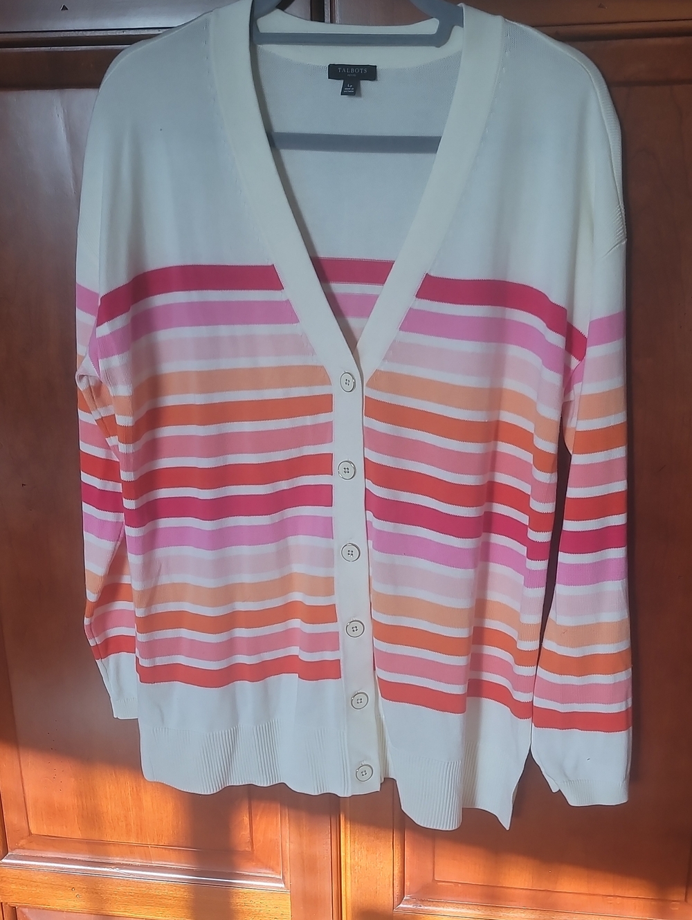 Talbots Cream Cardigan with Pink and Orange Stripes. SZ L